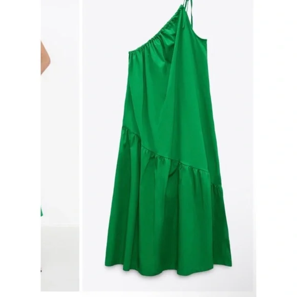 New Zara VIRAL Asymmetrical Tier Seam Cotton Tie Shoulder Kelly Green Dress - Picture 6 of 6